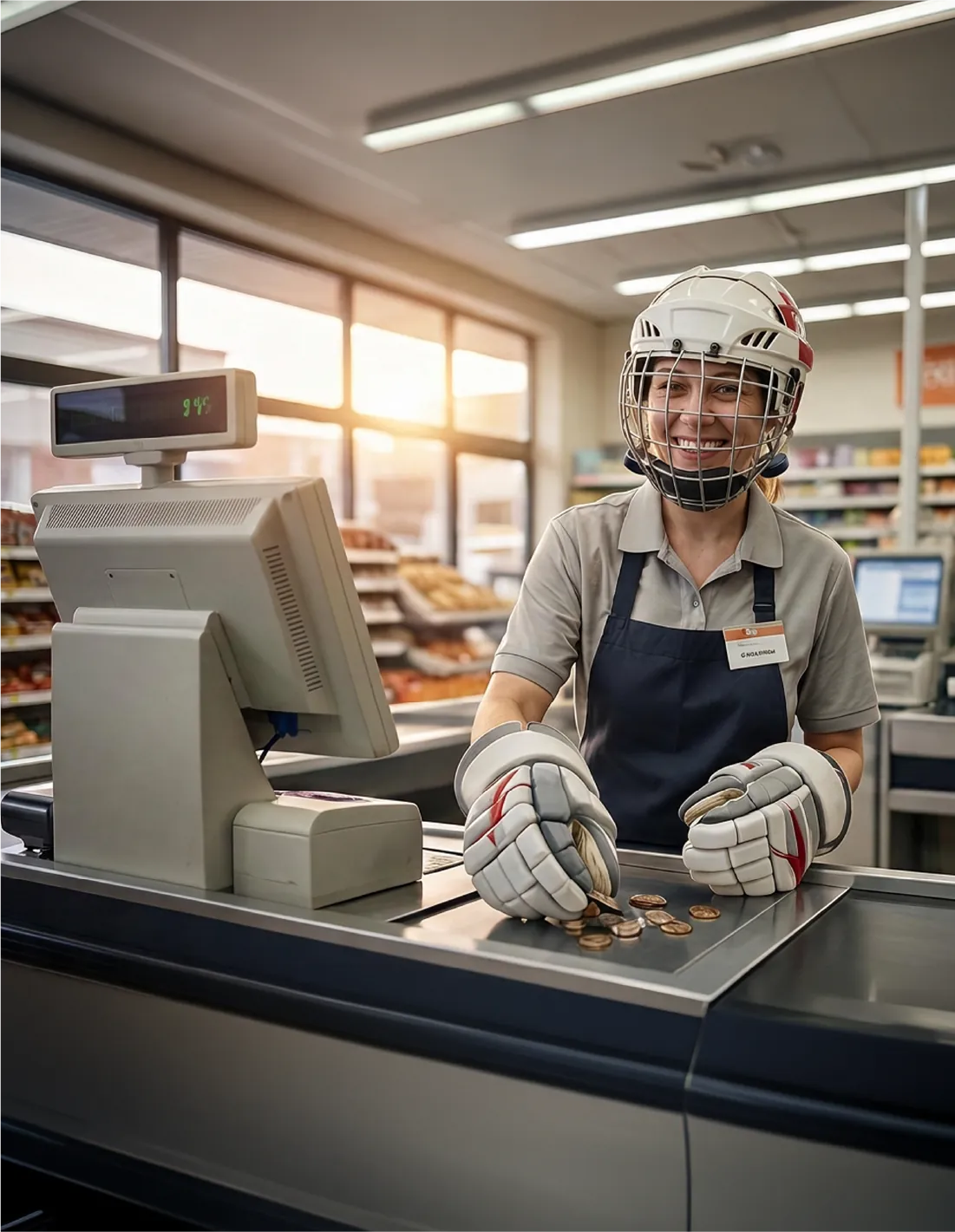 Una cassiera di supermercato indossa casco e guantoni da portiere