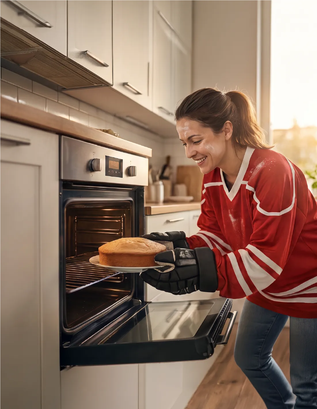 Una donna in maglia da hockey sforna una torta con i guantoni da portiere
